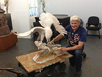 Miles Tucker arriving at the foundry with 'The Eagle Has Landed' work.